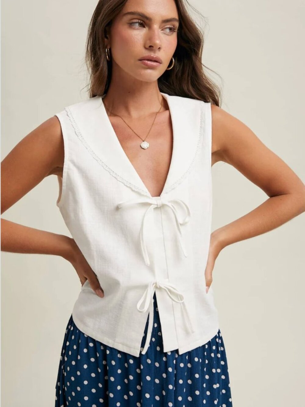 White Tie-Front Sailor Top -Size Small